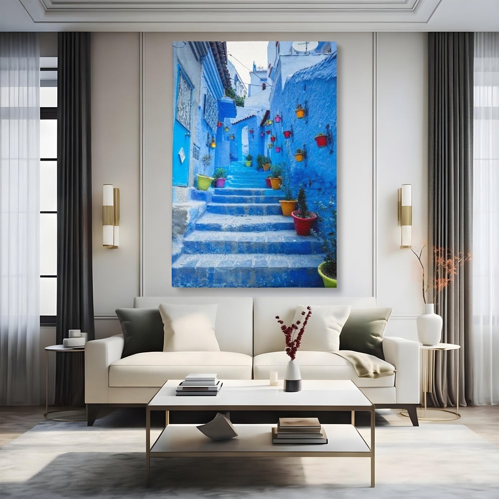 Tablou canvas cu tablou canvas cu straduta albastra din maroc, fara rama, pe sasiu de lemn, pe perete intr-un living